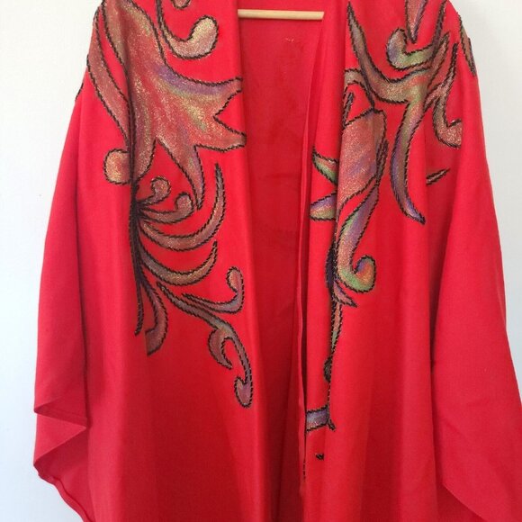 Vintage Handmade Wool Red Beaded Poncho Shawl Long Flowy Geometric Floral - Picture 5 of 13